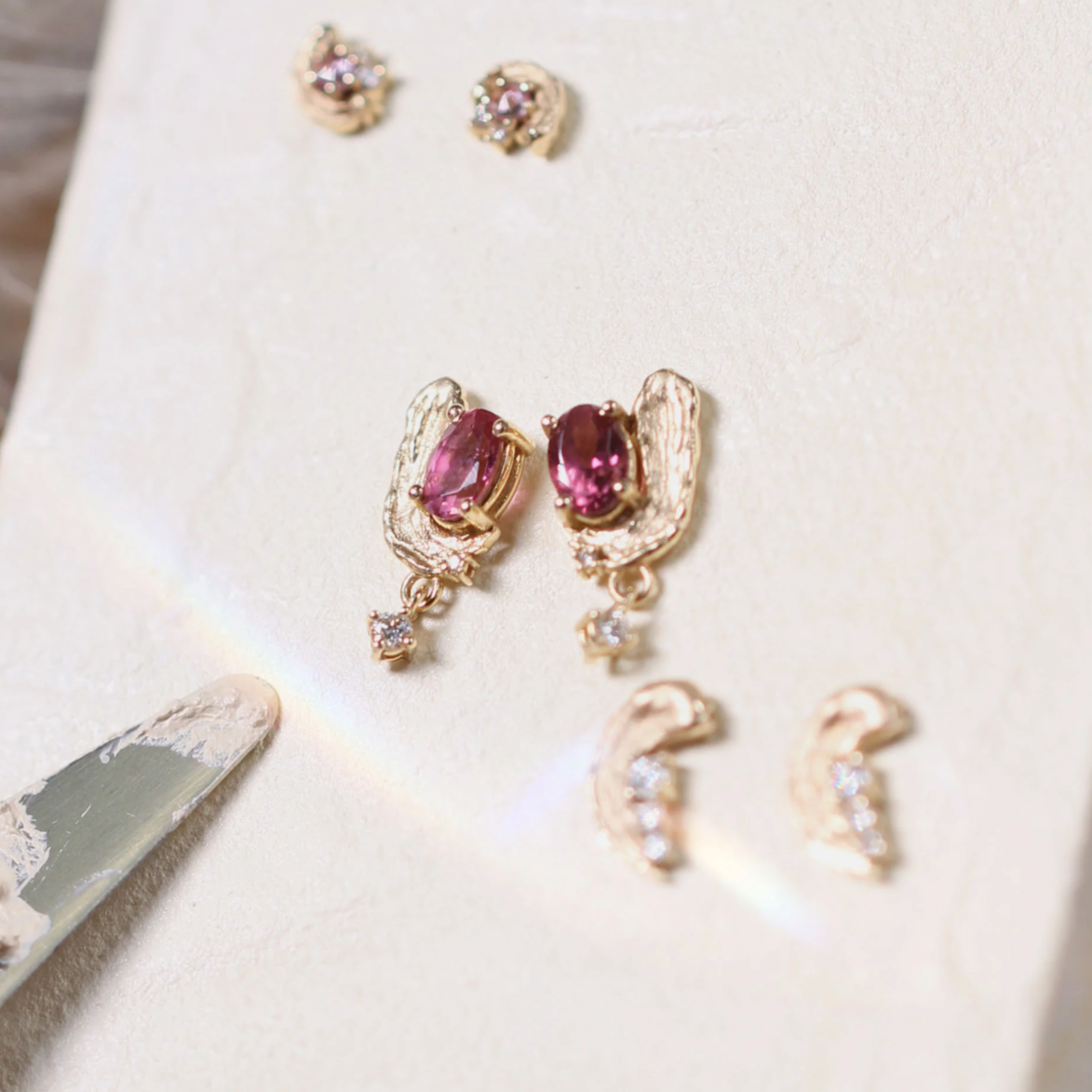 Rose Madder Stud Earrings with Pink Tourmaline and Diamond - PAIR