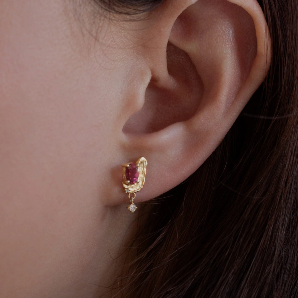 Rose Madder Stud Earrings with Pink Tourmaline and Diamond - PAIR