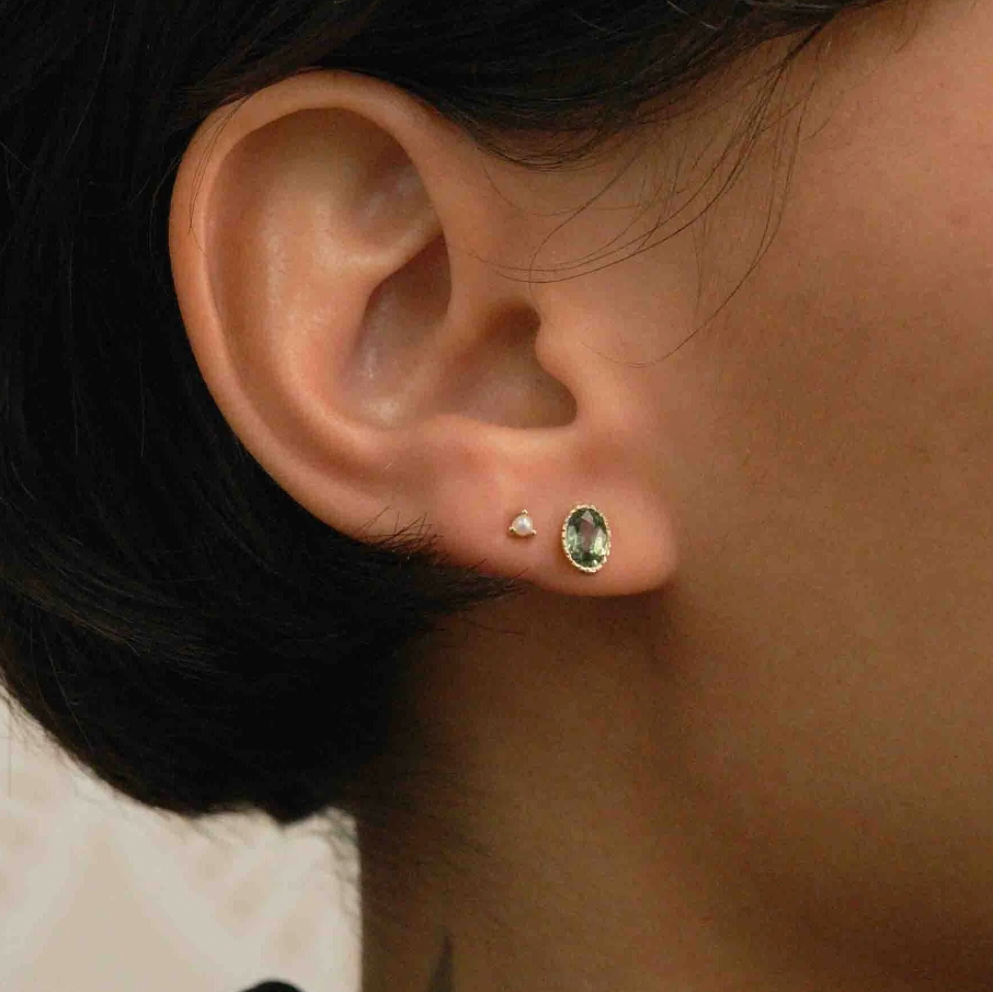 Green Sapphire Oval Wisp Stud Earrings - PAIR