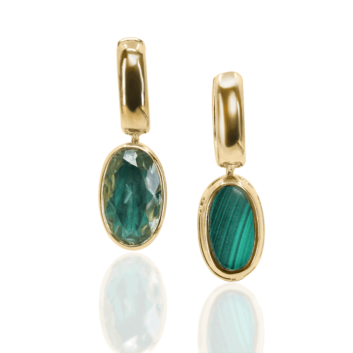 Marla Aaron Oval Lozenge with Malachite and Prasiolite with Base - PAIR