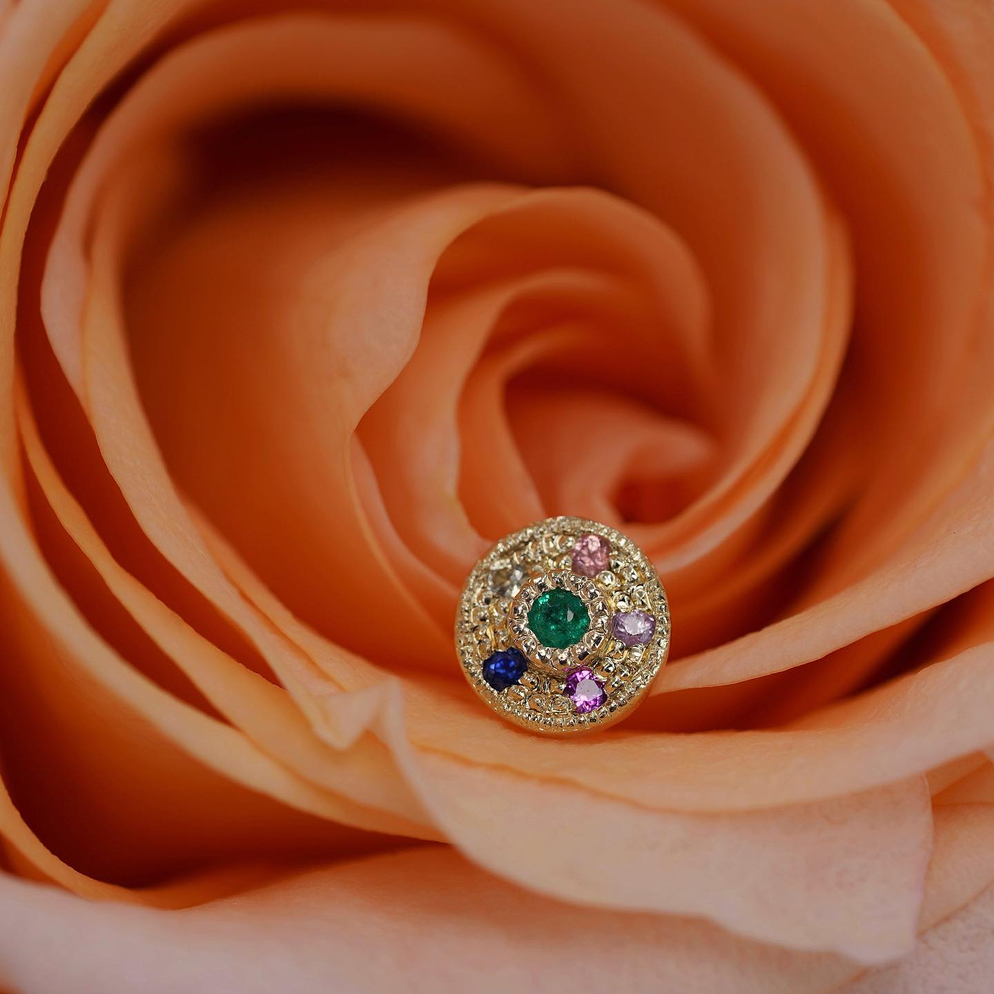 Emerald Halo Earring with Assorted Sapphires Threadless End