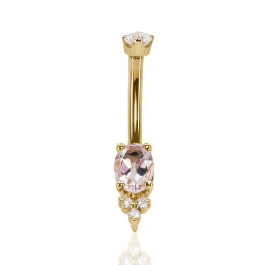 Prong Oval Barbell with Triprong Accent in Morganite and Diamond | 14 Gauge 3/8"